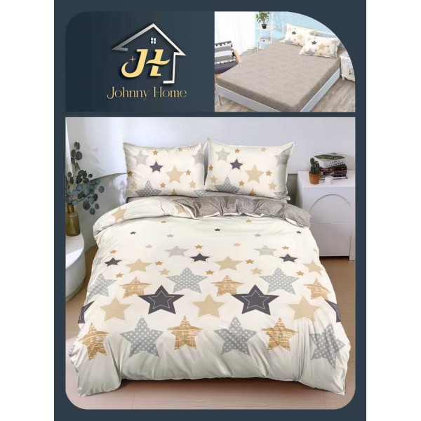 Lenjerie Pat Dublu Bumbac Satinat Superior, 4 Piese, cu Elastic – Model Stele Elegant, Crem, Bej & Gri, LDBSE-042