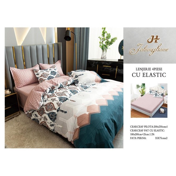 Lenjerie Pat Dublu Bumbac Satinat Superior, 4 Piese, cu Elastic – Model Geometric, Roz Pudrat, Alb & Verde, LDBSE-053