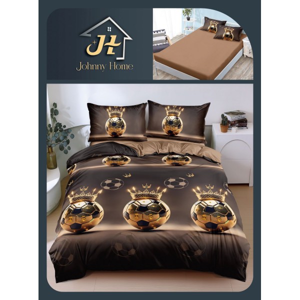 Lenjerie Pat Dublu Bumbac Satinat Superior, 4 Piese, cu Elastic – Model Fotbal Regal, Negru & Auriu, LDBSE-037