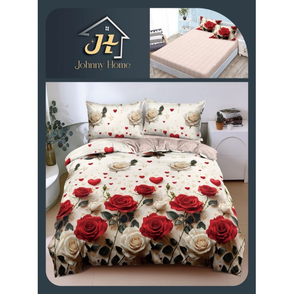 Lenjerie Pat Dublu Bumbac Satinat Superior, 4 Piese, cu Elastic – Model Trandafir, Crem, Roșu & Bej, LDBSE-029