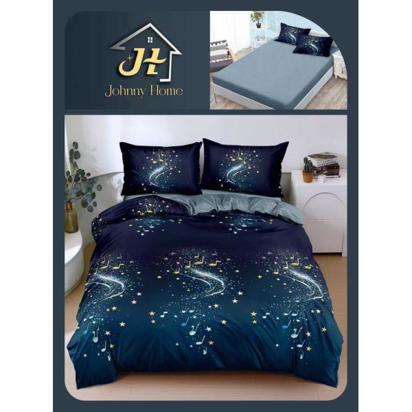 Lenjerie Pat Dublu Bumbac Satinat Superior, 4 Piese, cu Elastic – Model Note Muzicale Stelare, Gri Petrol, LDBSE-044