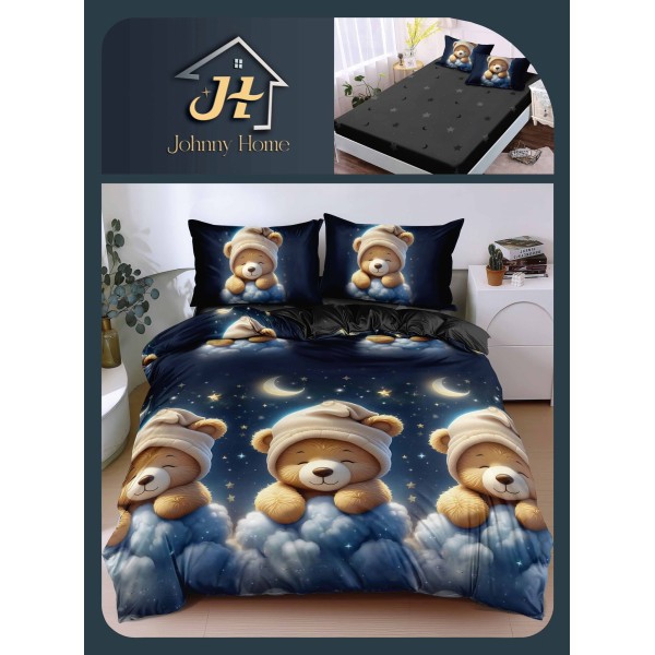 Lenjerie Pat Dublu Bumbac Satinat Superior, 4 Piese, cu Elastic – Model Ursuleț Somnoros, Albastru & Bej, LDBSE-045