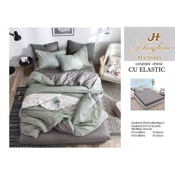 Lenjerie Pat Dublu Bumbac Satinat Superior, 4 Piese, cu Elastic – Model Uni Modern, Verde Salvie & Gri, LDBSE-059