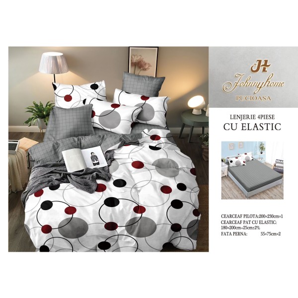 Lenjerie Pat Dublu Bumbac Satinat Superior, 4 Piese, cu Elastic – Model Cercuri, Alb/Gri, LSE-003