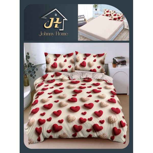 Lenjerie Pat Dublu Bumbac Satinat Superior, 4 Piese, cu Elastic – Model Inimioare, Crem cu Roșu, LSE-002