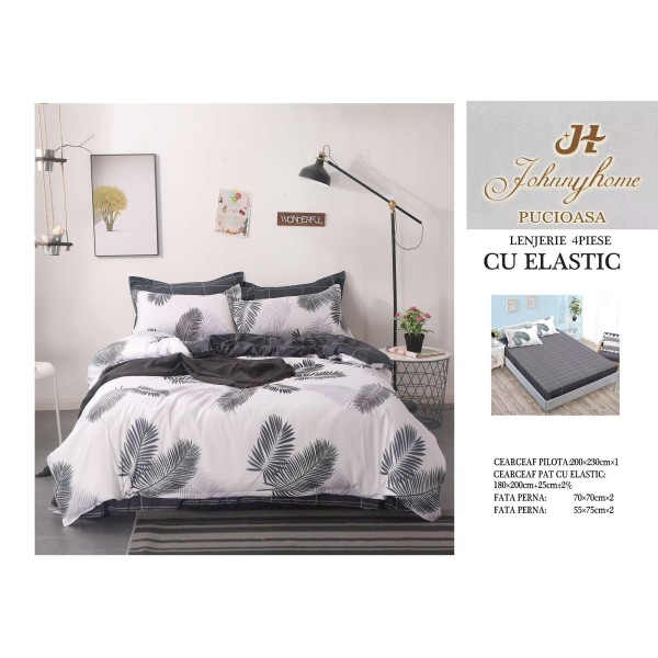 Lenjerie Pat Dublu Bumbac Satinat Superior, 4 Piese, cu Elastic – Model Frunze Tropicale, Alb cu Gri-Antracit, LDBSE-004