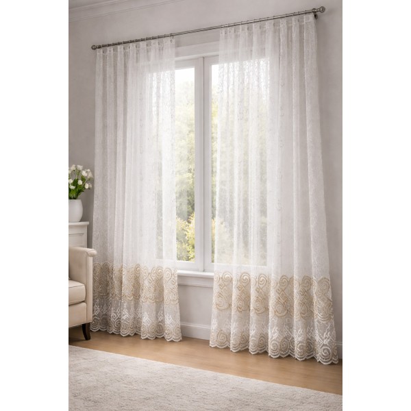 Perdea din Dantelă Albă cu Broderie Elegantă, 3 x 2,5 m, Gata Cusută cu Tiv și Rejansă, Lungă până la Podea, DPC-006