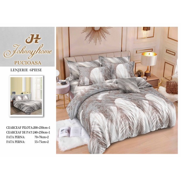 Set Lenjerie de Pat din Finet, 6 Piese, cu 2 Fețe, Pat 2 Persoane – Model Abstract cu Pene, Gri & Bej, LDF-138
