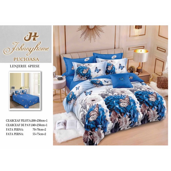 Set Lenjerie de Pat din Finet, 6 Piese, cu 2 Fețe, Pat 2 Persoane – Model Flori Albastre cu Fluturi, Albastru, LDF-140