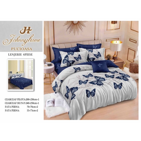 Set Lenjerie de Pat din Finet, 6 Piese, cu 2 Fețe, Pat 2 Persoane – Model Fluturi Eleganți, Alb & Albastru, LDF-137