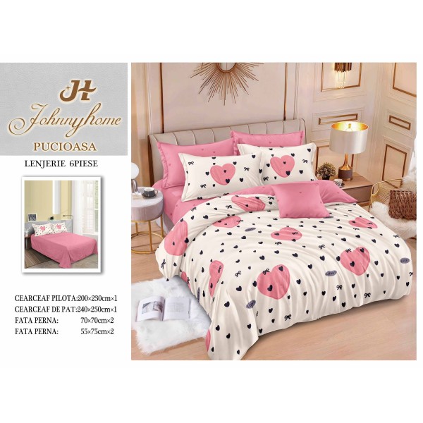 Set Lenjerie de Pat din Finet, 6 Piese, cu 2 Fețe, Pat 2 Persoane – Model Inimi Roz, Alb & Negru, LDF-143