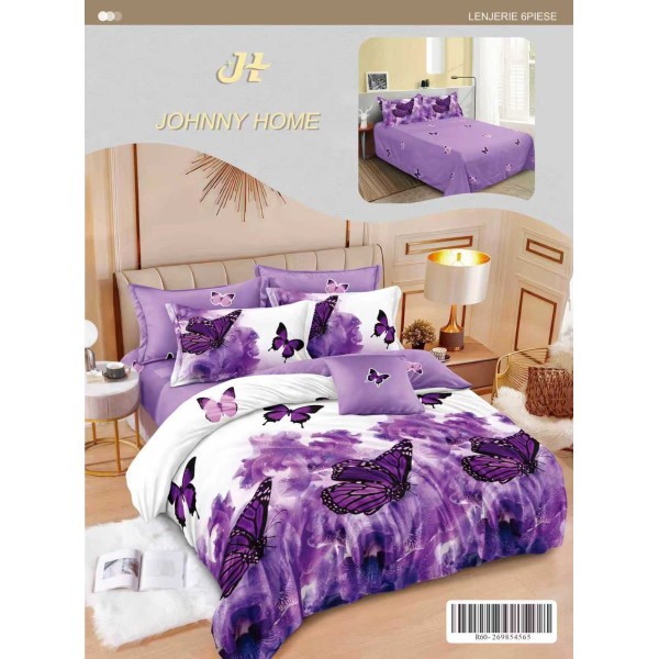 Set Lenjerie de Pat din Finet, 6 Piese, cu 2 Fețe, Pat 2 Persoane – Model Fluturi Mov, Alb & Lila, LDF-105
