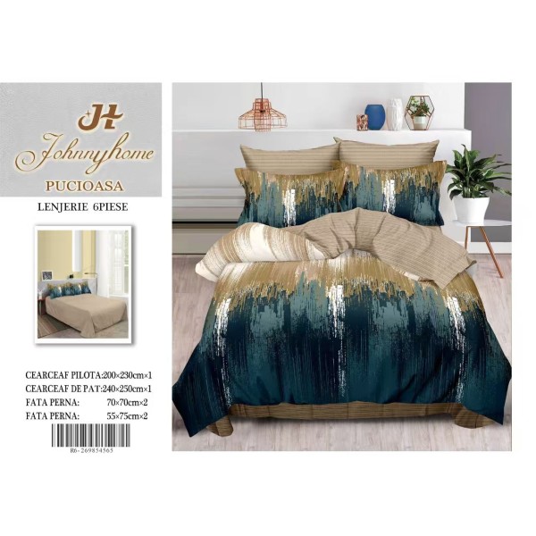 Set Lenjerie de Pat din Finet, 6 Piese, cu 2 Fețe, Pat 2 Persoane – Model Elegant Albastru & Bej Auriu, LDF-033