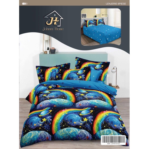 Set Lenjerie de Pat din Finet cu 2 Fețe, 6 Piese, Pat 2 Persoane – Model Galaxie cu Curcubeu Albastru, LDF-009