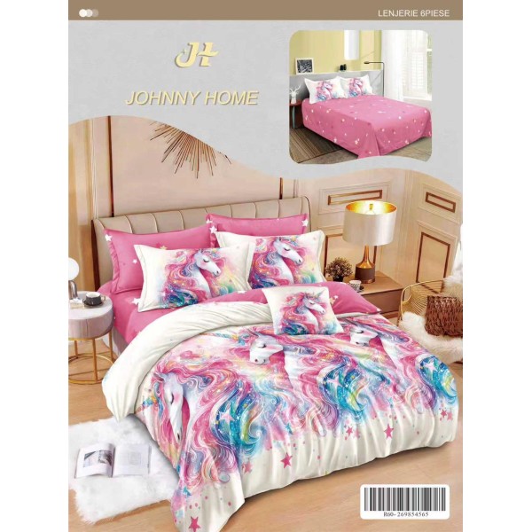 Set Lenjerie de Pat din Finet cu 2 Fețe, 6 Piese, Pat 2 Persoane – Model Unicorn Multicolor pe Fundal Roz, LDF-008