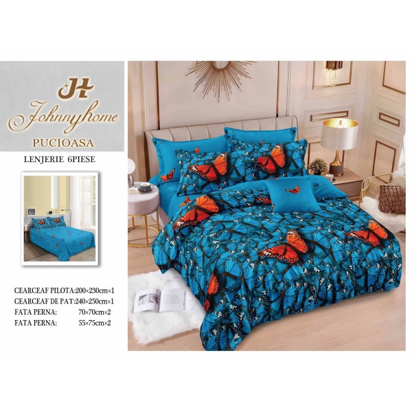 Set Lenjerie de Pat din Finet cu 2 Fețe, 6 Piese, Pat 2 Persoane – Model Fluturi Albaștri cu Accente Portocalii, LDF-098
