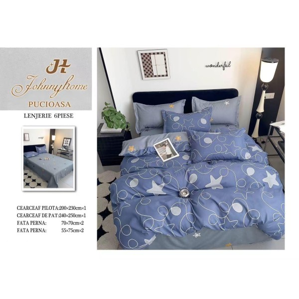 Set Lenjerie de Pat din Finet cu 2 Fețe, 6 Piese, Pat 2 Persoane – Model Stele și Cercuri, Albastru Gri, LDF-103