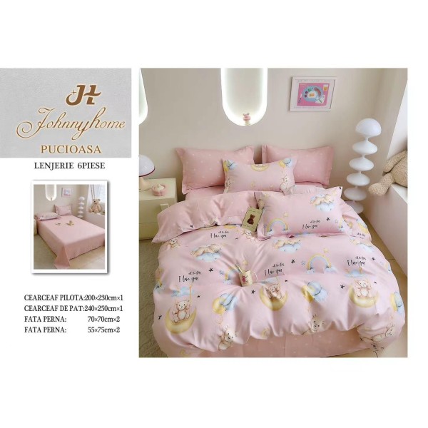 Set Lenjerie de Pat din Finet cu 2 Fețe, 6 Piese, Pat 2 Persoane – Model Ursuleți pe Lună, Roz Pudrat, LDF-086