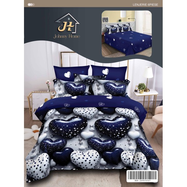 Set Lenjerie de Pat din Finet cu 2 Fețe, 6 Piese, Pat 2 Persoane – Model Inimi Nocturne, Albastru și Alb, LDF-056