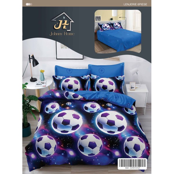 Set Lenjerie de Pat din Finet cu 2 Fețe, 6 Piese, Pat 2 Persoane – Model Fotbal Cosmic, Albastru și Mov, LDF-016