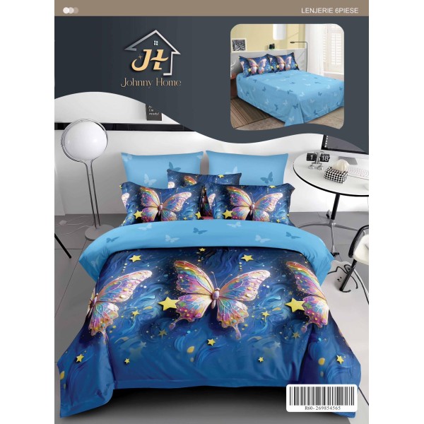 Set Lenjerie de Pat din Finet cu 2 Fețe, 6 Piese, Pat 2 Persoane – Model Fluturi Multicolori, Albastru Elegant, LDF-064