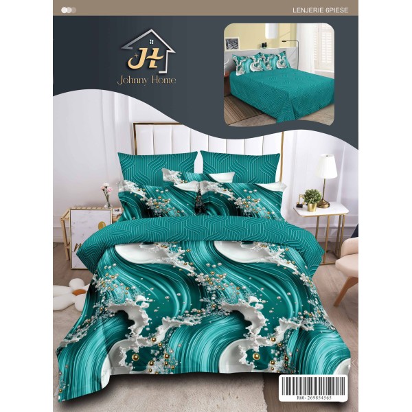 Set Lenjerie de Pat din Finet cu 2 Fețe, 6 Piese, Pat 2 Persoane – Model Marmură Elegantă, Verde Smarald, LDF-042