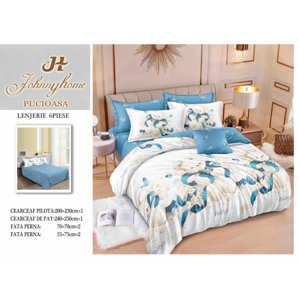 Set Lenjerie de Pat din Finet cu 2 Fețe, 6 Piese, Pat 2 Persoane – Model Ursuleți cu Fundițe, Albastru și Alb, LDF-026