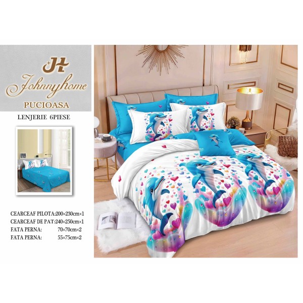 Set Lenjerie de Pat din Finet cu 2 Fețe, 6 Piese, Pat 2 Persoane – Model Delfini Veseli Albastru și Alb, LDF-090
