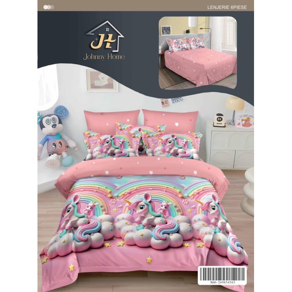 Set Lenjerie de Pat din Finet cu 2 Fețe, 6 Piese, Pat 2 Persoane – Model Unicorn Roz cu Curcubeu, LDF-069