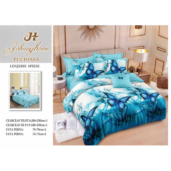 Set Lenjerie de Pat din Finet cu 2 Fețe, 6 Piese, Pat 2 Persoane – Model Fluturi Albastru, Turcoaz și Alb, LDF-099