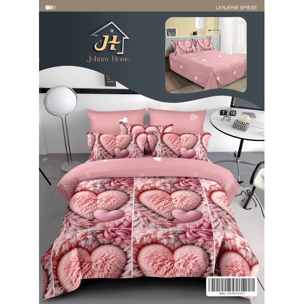 Set Lenjerie de Pat din Finet cu 2 Fețe, 6 Piese, Pat 2 Persoane – Model Inimi Pufoase Roz, LDF-125