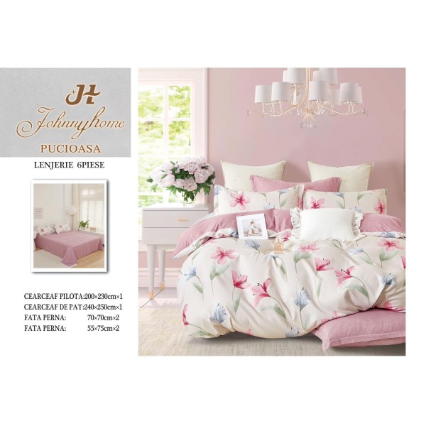 Set Lenjerie de Pat din Finet cu 2 Fețe, 6 Piese, Pat 2 Persoane – Model Floral Roz și Crem, LDF-124