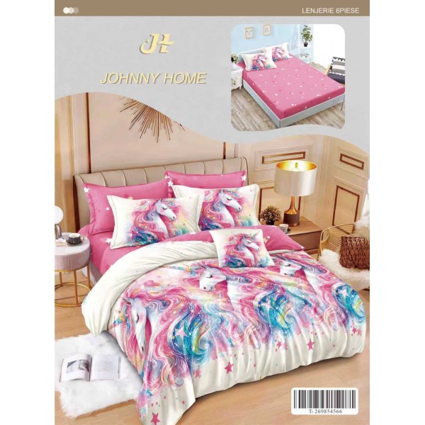 Set Lenjerie Pat Dublu 6 Piese cu Cearșaf cu Elastic din Bumbac Finet – Model Unicorni Curcubeu, Roz și Alb, LDE-057