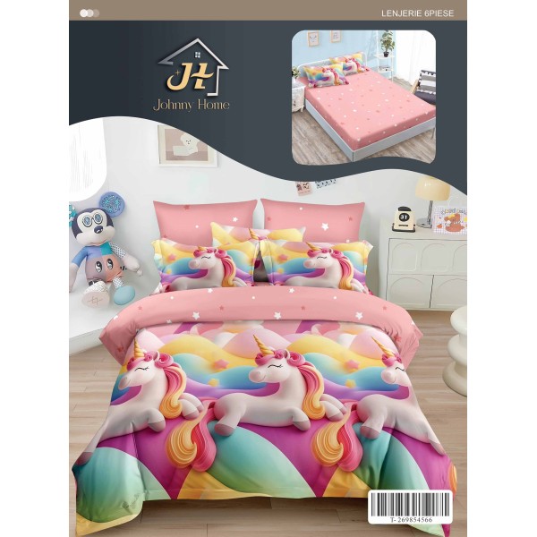 Set Lenjerie Pat Dublu 6 Piese cu Cearșaf cu Elastic din Bumbac Finet – Model Unicorni, Roz Multicolor, LDE-027