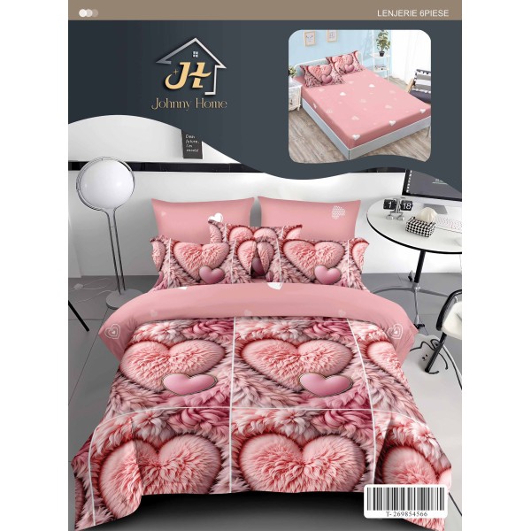 Set Lenjerie Pat Dublu 6 Piese cu Cearșaf cu Elastic din Bumbac Finet – Model Inimi Pufoase, Roz Pastel, LDE-044