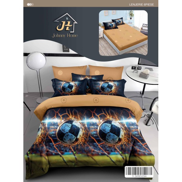 Set Lenjerie Pat Dublu 6 Piese cu Cearșaf cu Elastic din Bumbac Finet – Model Fotbal Dinamic, Maro și Albastru, LDE-042