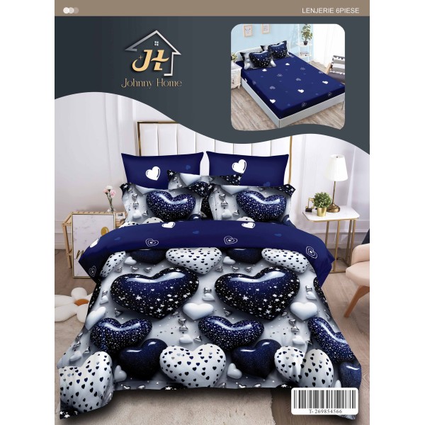 Set Lenjerie Pat Dublu 6 Piese cu Cearșaf cu Elastic din Finet – Model Inimi, Albastru și Alb, LDE-076