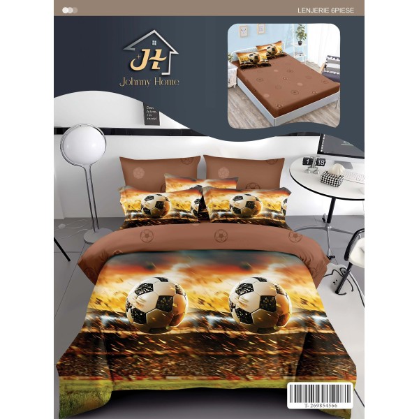 Set Lenjerie Pat Dublu 6 Piese cu Cearșaf cu Elastic din Finet – Model Fotbal, Maro cu Galben, LDE-001