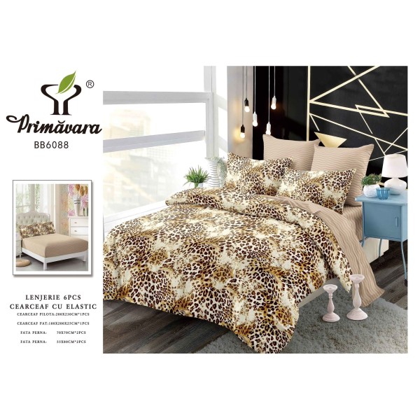 Set Lenjerie Pat Dublu 6 Piese cu Cearșaf cu Elastic, Bumbac Finet – Model Leopard Elegant, Bej și Maro, LDE-011 Set Lenjerie Pat Dublu 6 Piese cu Cearșaf cu Elastic, Bumbac Finet – Model Leopard Elegant, Bej și Maro, LDE-011