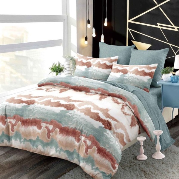 Set Lenjerie Pat Dublu 6 Piese cu Cearșaf cu Elastic, Bumbac Finet – Model Abstract Elegant, Verde, Bej și Maro, LDE-036