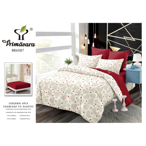 Set Lenjerie de Pat Dublu 6 Piese cu Cearșaf cu Elastic, Bumbac Finet – Model Inimioare, Crem cu Roșu, LDE-105