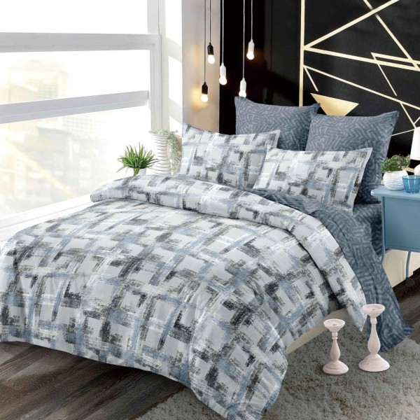 Set Lenjerie Pat Dublu 6 Piese cu Cearșaf cu Elastic din Bumbac Finet – Model Geometric Modern, Albastru și Gri, LDE-035