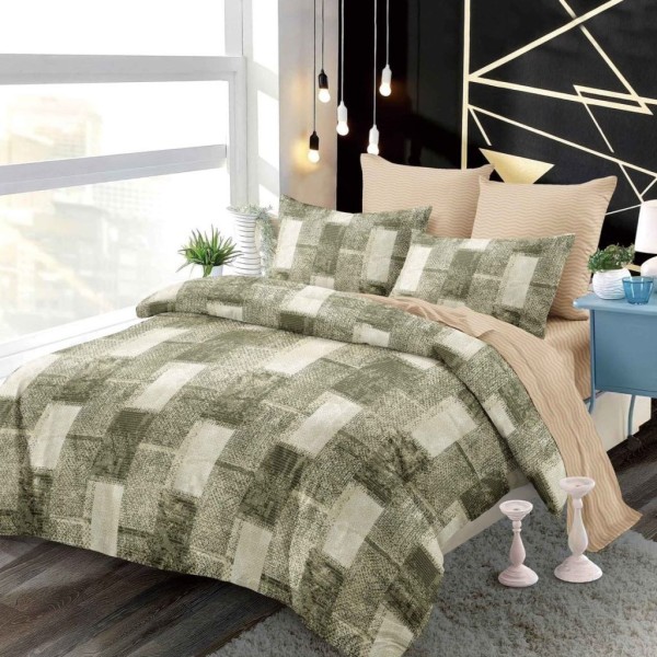 Set Lenjerie Pat Dublu 6 Piese cu Cearșaf cu Elastic din Bumbac Finet – Model Geometric Modern, Verde și Crem, LDE-187