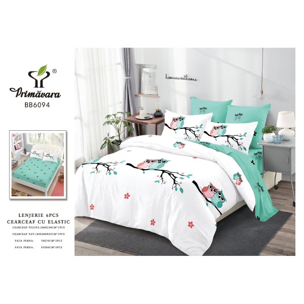 Set Lenjerie Pat Dublu 6 Piese cu Cearșaf cu Elastic din Finet – Model Bufnițe, Alb și Verde Mentă, LDE-158