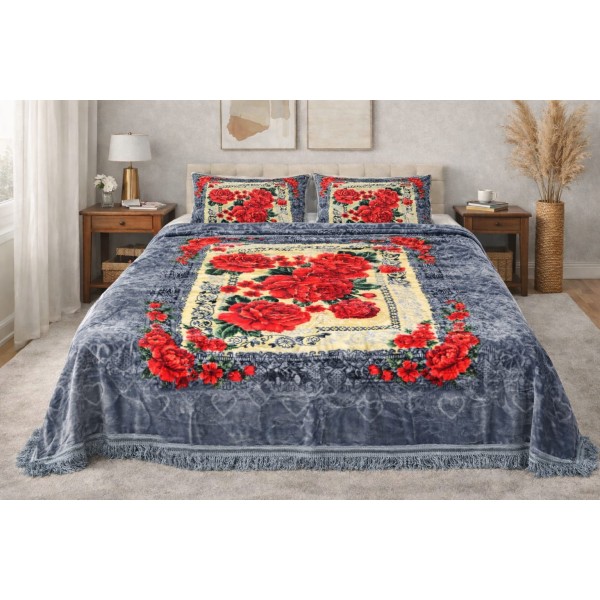 Set Pătură cu Cearșaf cu Franjuri și 2 Fețe de Pernă, Model Trandafiri, Pat Dublu 200x240 cm, PCM-055