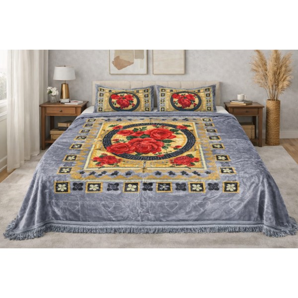 Set Pătură cu Cearșaf cu Franjuri și 2 Fețe de Pernă, Trandafiri Roșii, Pat Dublu 200x240 cm, PCM-056