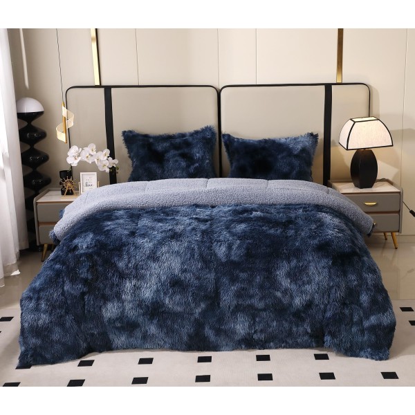 Pilota Fluffy cu Blăniță 200x230 cm + 2 fețe de pernă – Model Albastru, PF-029