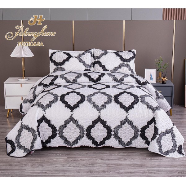 Cuvertură Pat Dublu din Bumbac Satinat cu 2 Fețe de Pernă – Model Geometric Elegant Alb-Negru, OCT-040