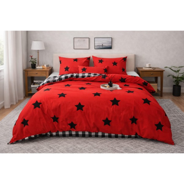 Lenjerie de Pat Dublu 4 Piese din Bumbac Satinat Superior – Model Stele, Roșu cu Negru, LDBS-275