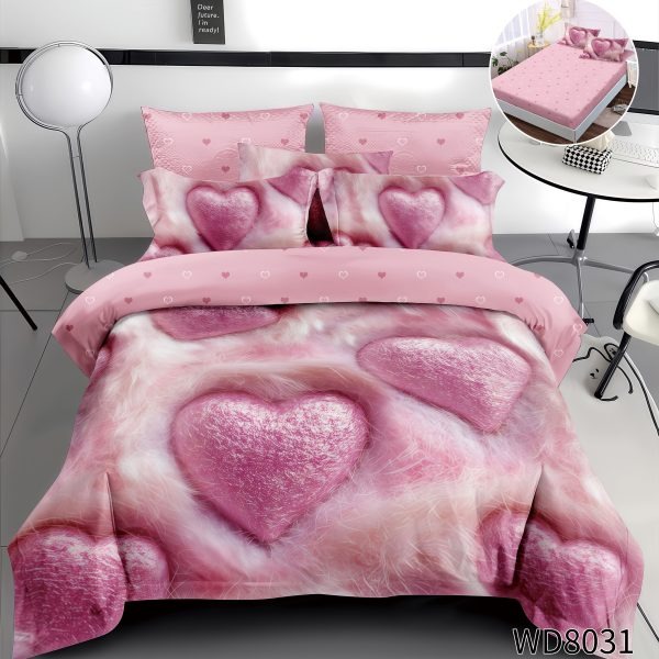 Lenjerie de Pat 4 Piese 5D cu Cearșaf cu Elastic, Model Inimi Pufoase Roz, Pat Dublu – Design Romantic, LFL-097